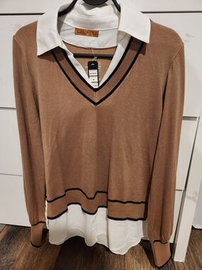 Belldini Camel V-Neck Sweater with White Shirt Detail and Black Trim